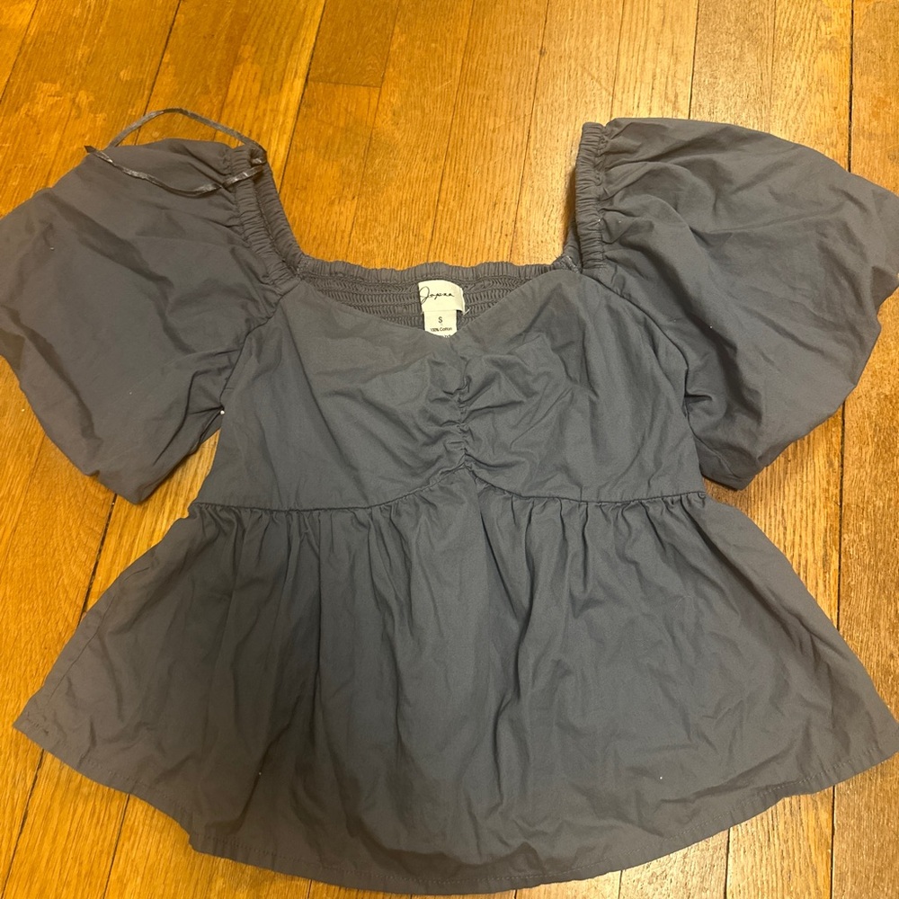 Japna Gray Puff Sleeve Peplum Blouse